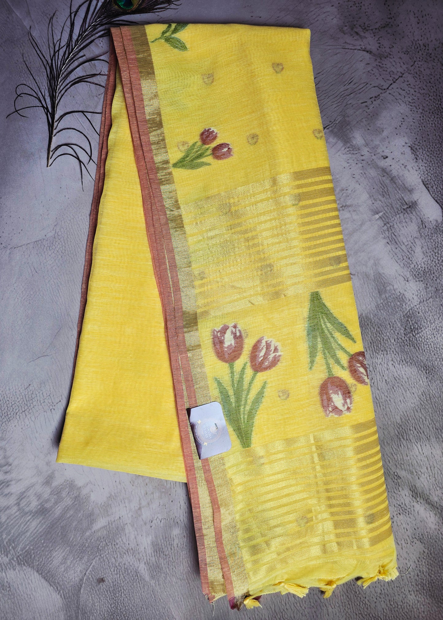Sunshine Yellow Tussar Silk Saree with Floral Jamdani Pallu and Antique Gold Border