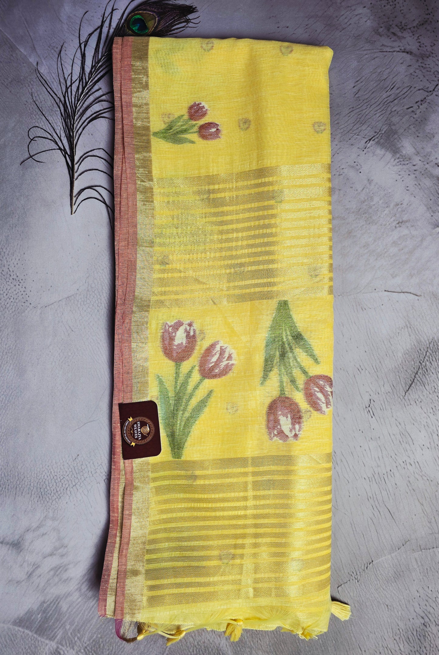 Sunshine Yellow Tussar Silk Saree with Floral Jamdani Pallu and Antique Gold Border
