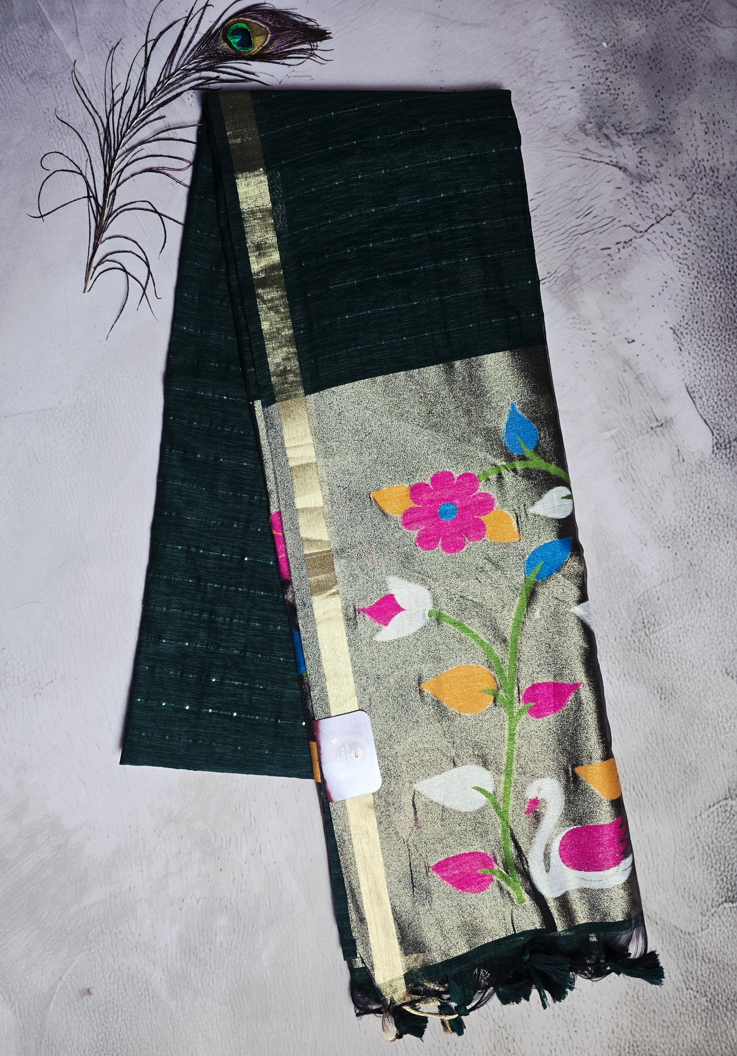 Deep Forest Green Tussar Silk Saree with Floral Jamdani Pallu and Swan Motifs