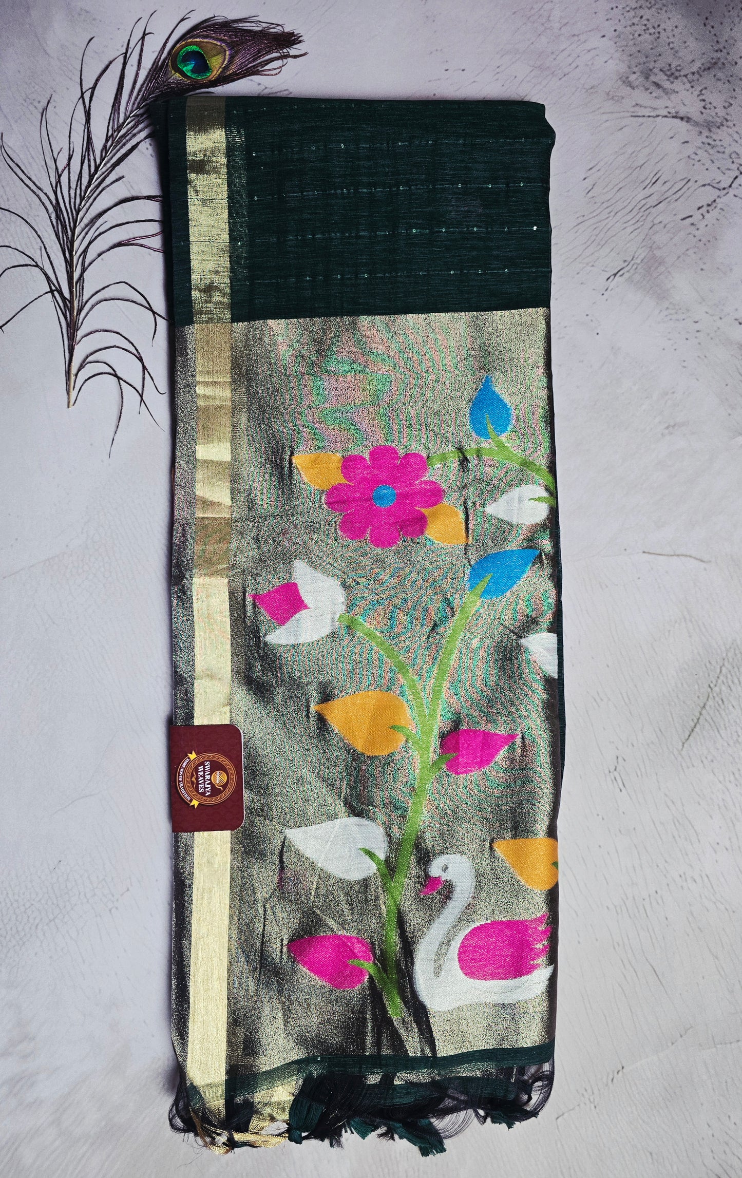 Deep Forest Green Tussar Silk Saree with Floral Jamdani Pallu and Swan Motifs