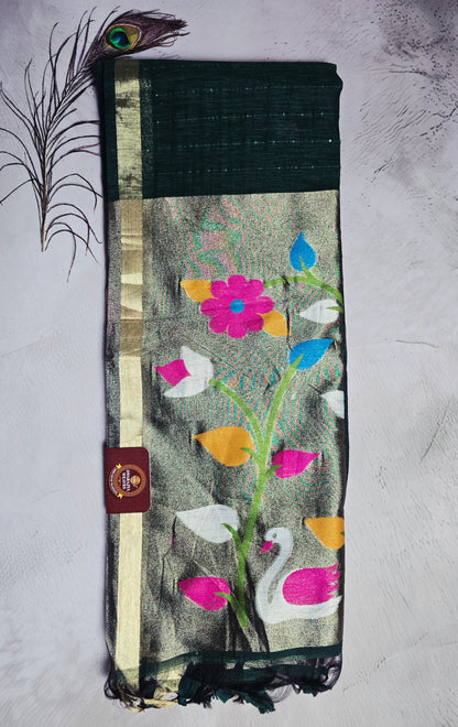 Deep Forest Green Tussar Silk Saree with Floral Jamdani Pallu and Swan Motifs