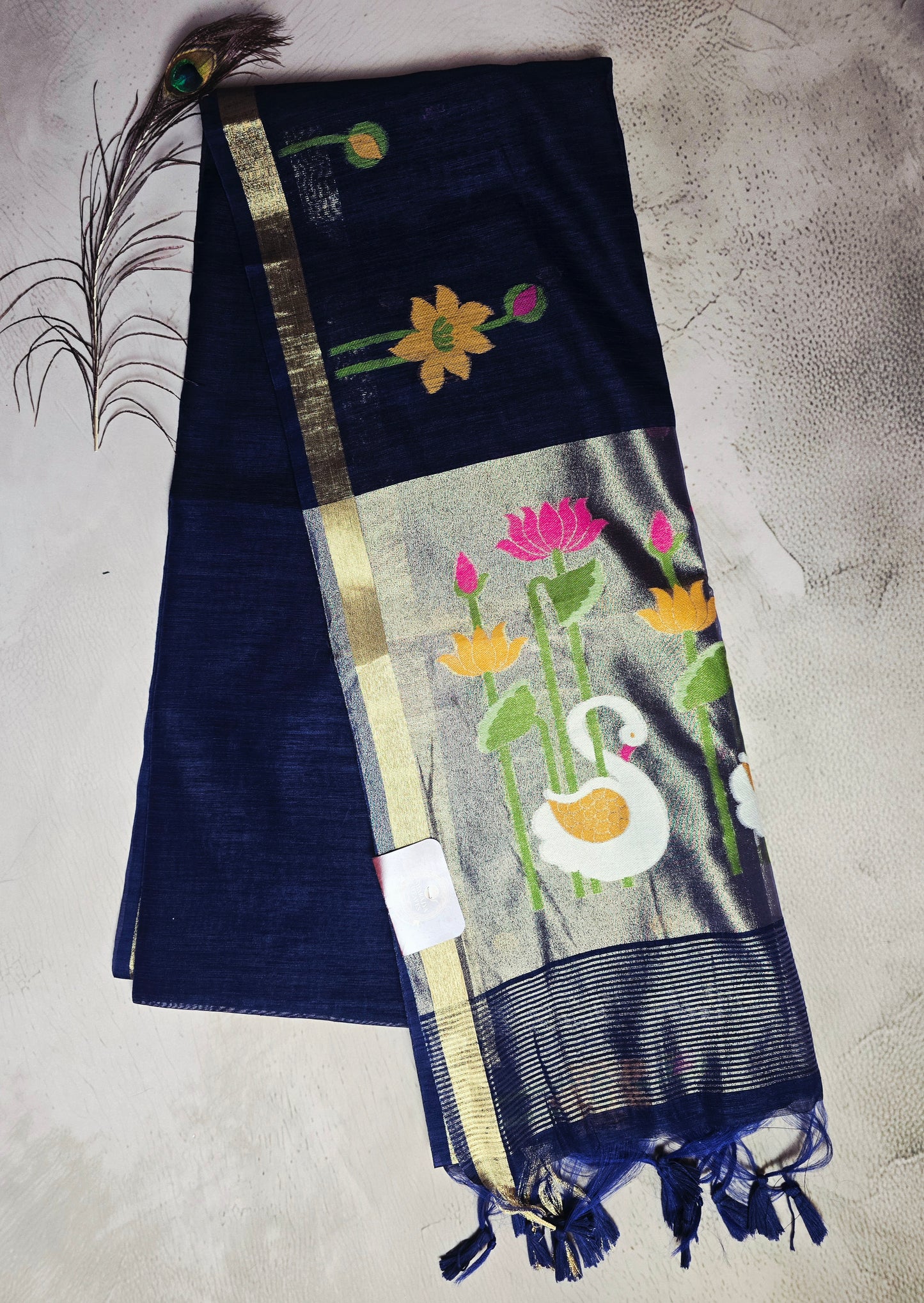 Midnight Blue Tussar Silk Saree with Lotus & Swan Jamdani Pallu