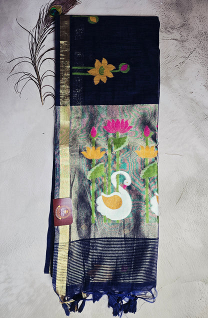Midnight Blue Tussar Silk Saree with Lotus & Swan Jamdani Pallu