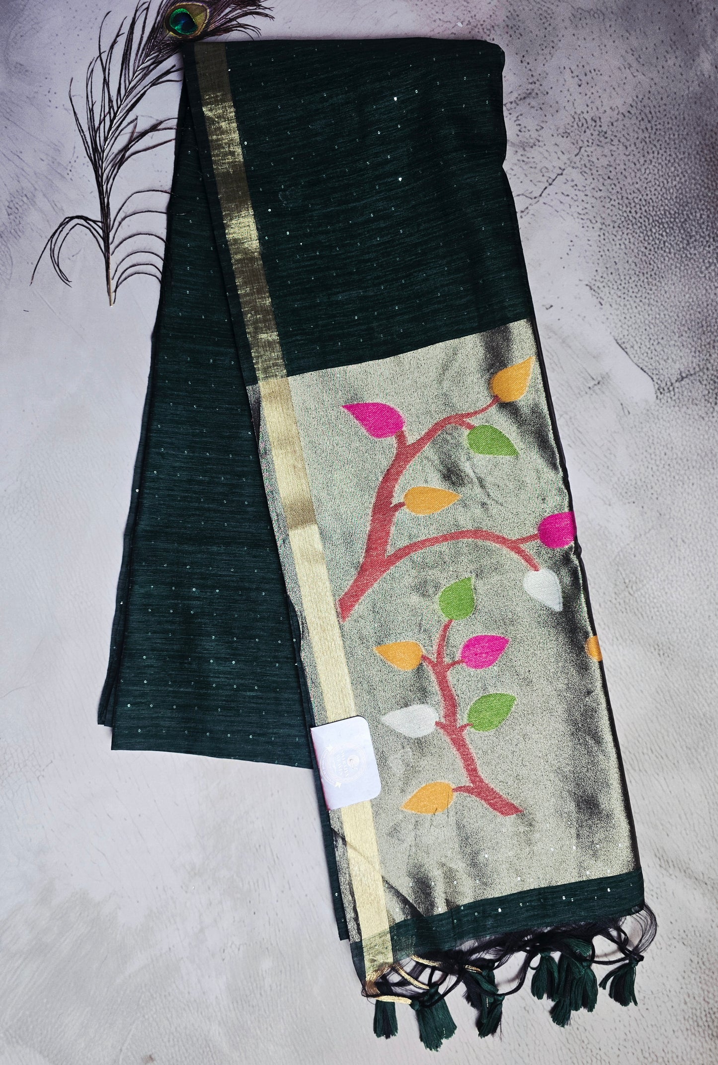 Deep Emerald Green Tussar Silk Saree with Multicolour Leaf Jamdani Pallu