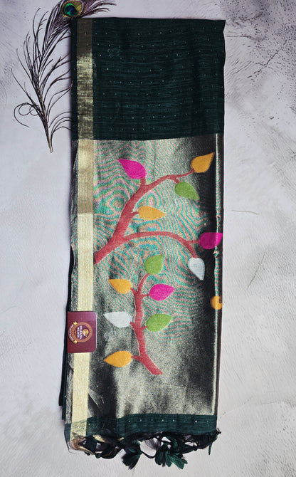 Deep Emerald Green Tussar Silk Saree with Multicolour Leaf Jamdani Pallu
