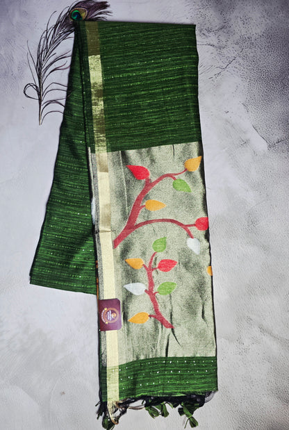 Forest Green Tussar Silk Saree with Multicolour Leaf Jamdani Pallu