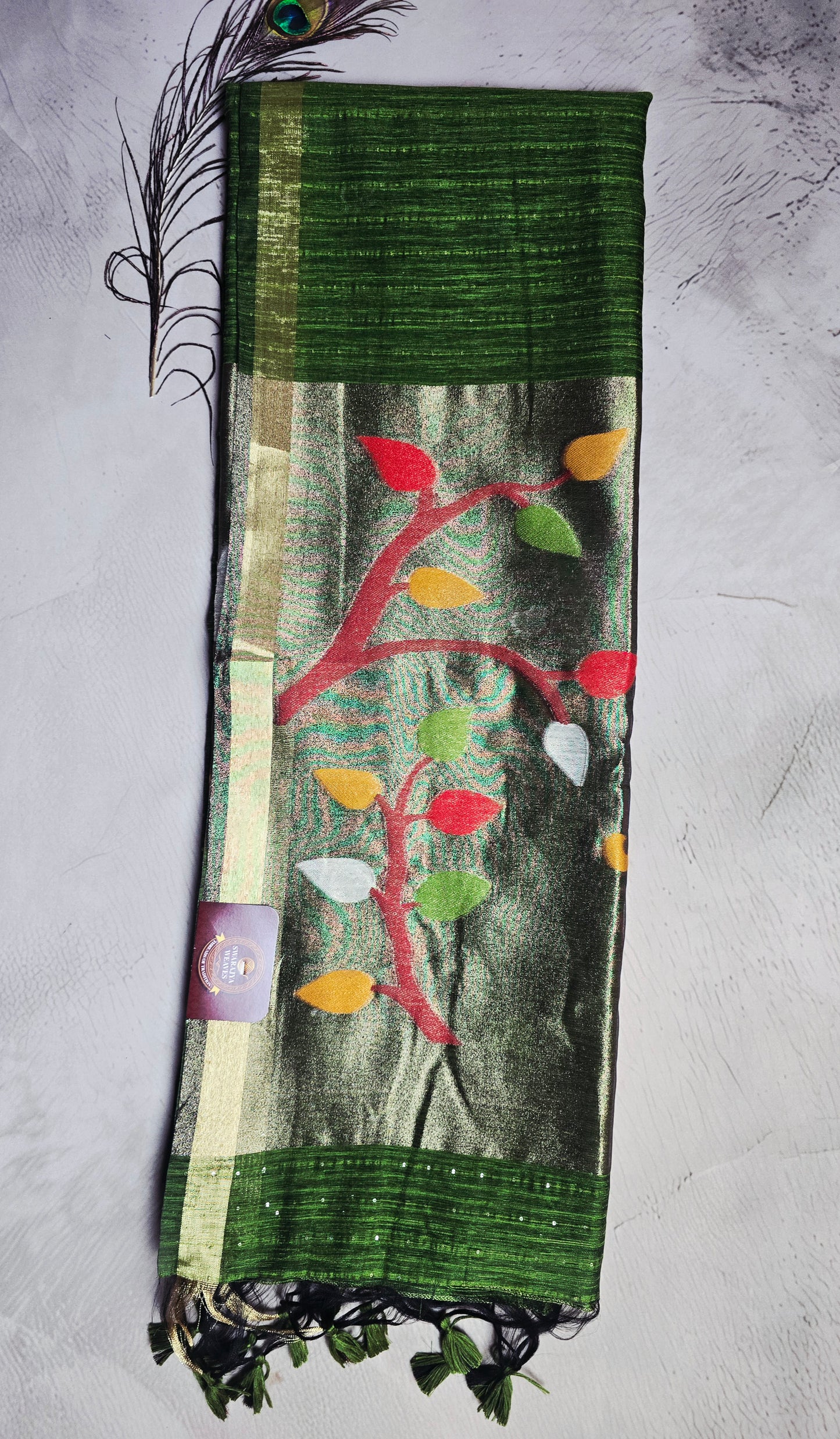 Forest Green Tussar Silk Saree with Multicolour Leaf Jamdani Pallu