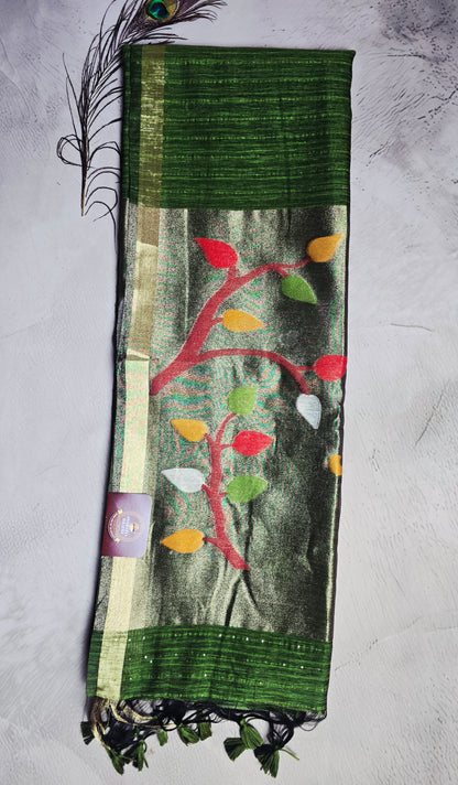 Forest Green Tussar Silk Saree with Multicolour Leaf Jamdani Pallu