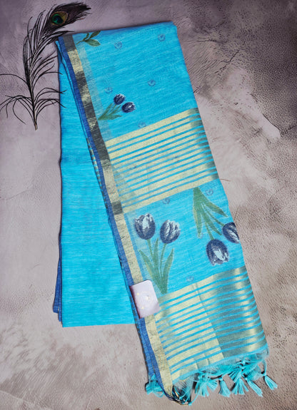 Turquoise Blue Tussar Silk Saree with Floral Jamdani Pallu