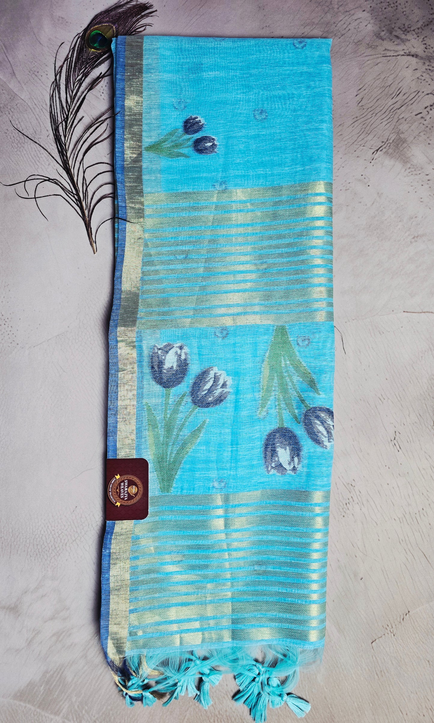 Turquoise Blue Tussar Silk Saree with Floral Jamdani Pallu