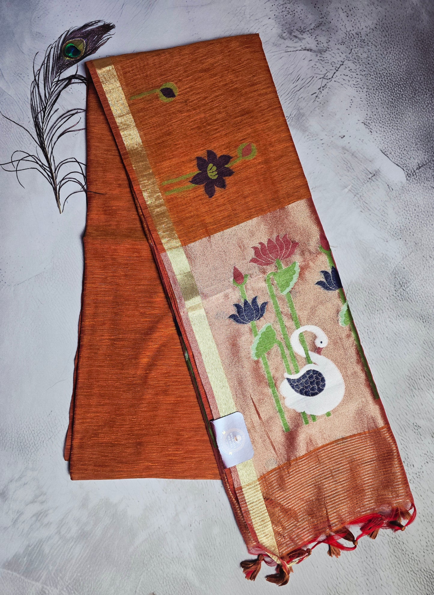 Burnt Orange Tussar Silk Saree with Lotus & Swan Jamdani Pallu