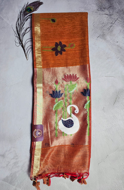 Burnt Orange Tussar Silk Saree with Lotus & Swan Jamdani Pallu