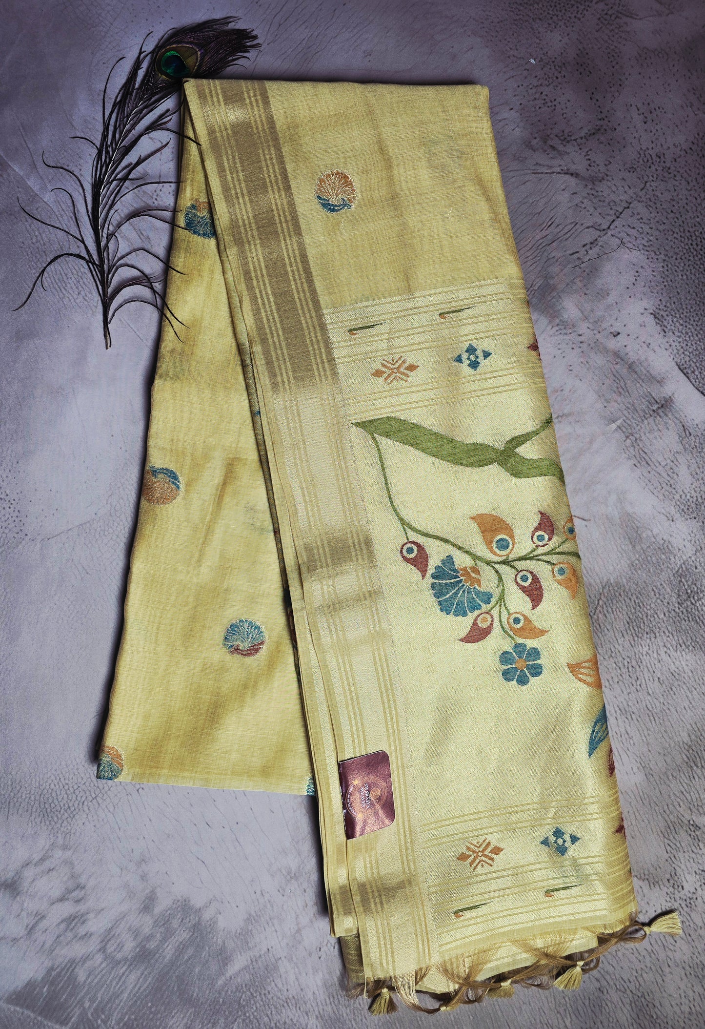 Pale Yellow Tussar Silk Saree with Floral & Bird Motif Jamdani Pallu