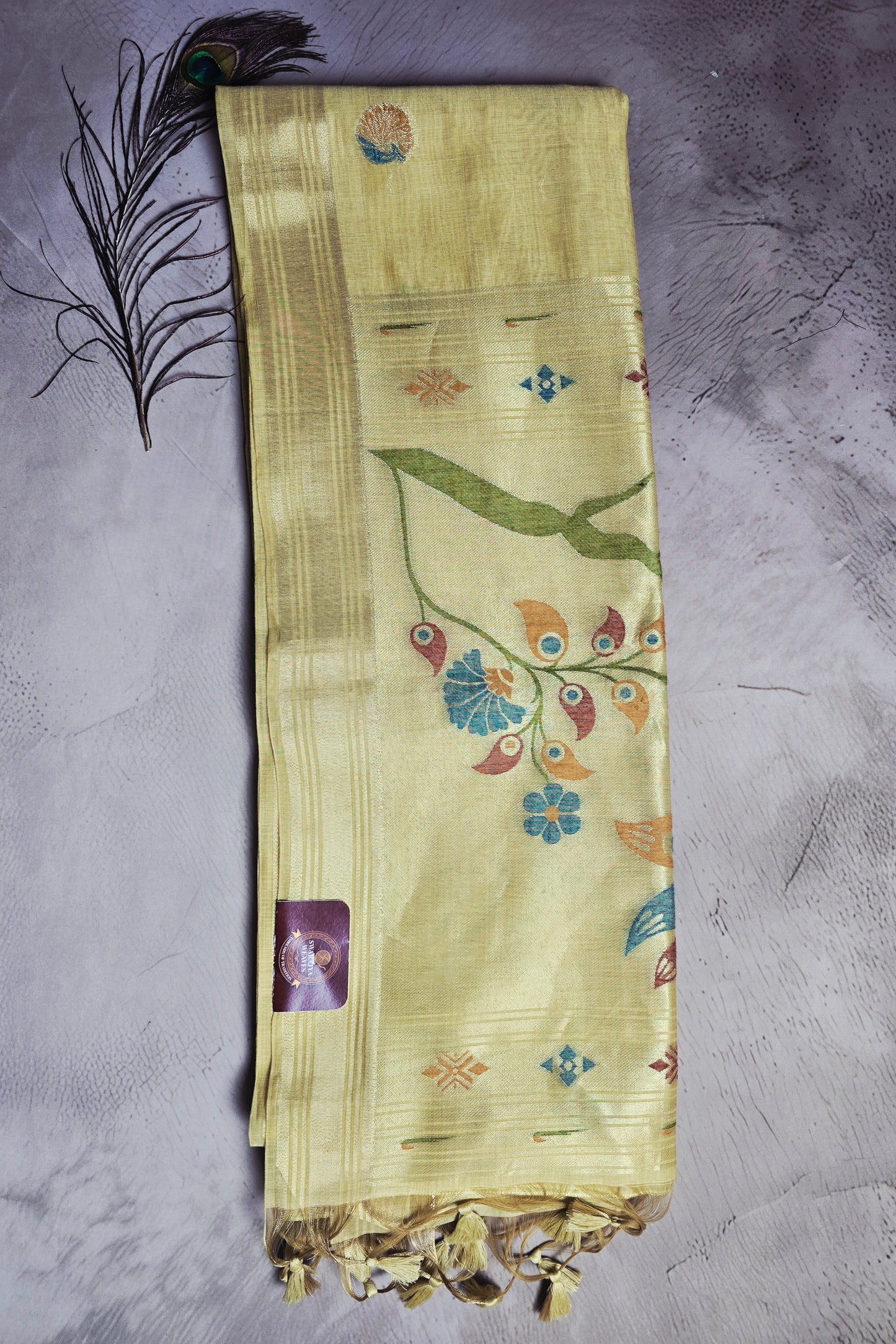 Pale Yellow Tussar Silk Saree with Floral & Bird Motif Jamdani Pallu