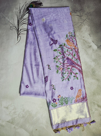 Lavender Tussar Silk Saree with Bird & Tree Jamdani Pallu
