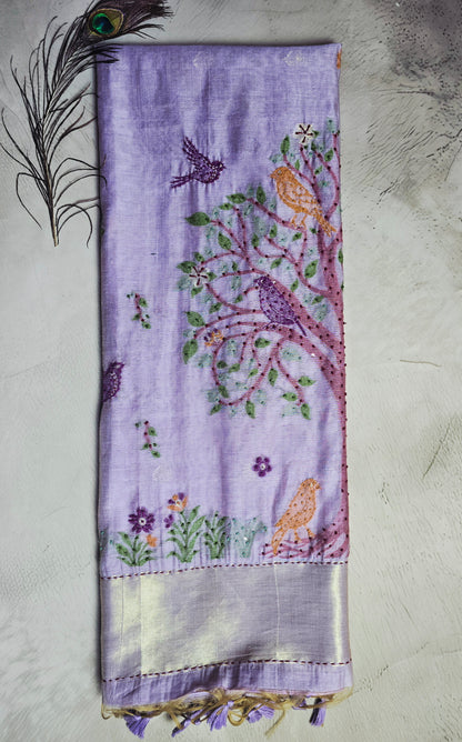 Lavender Tussar Silk Saree with Bird & Tree Jamdani Pallu