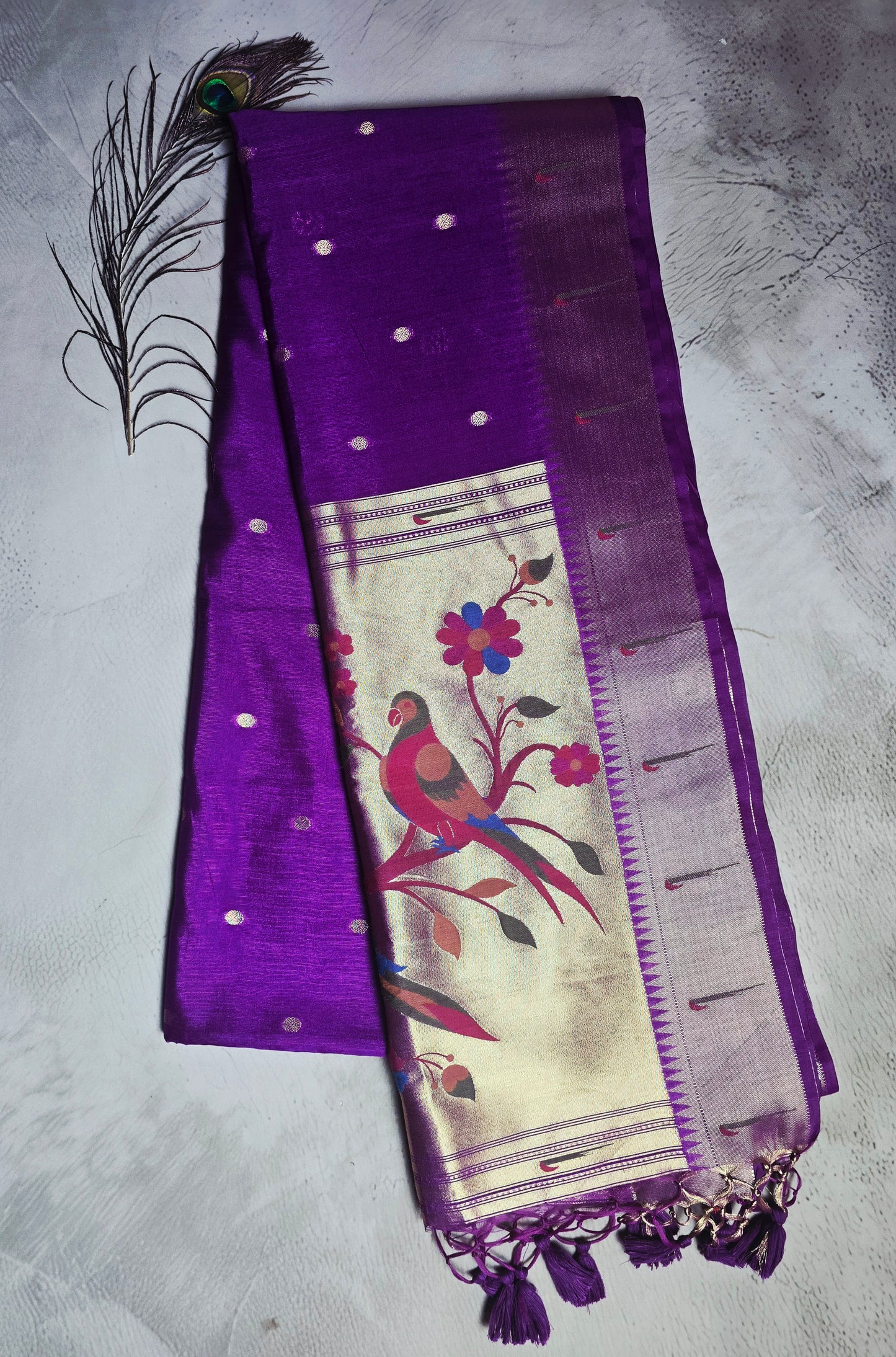 Royal Purple Tussar Silk Saree with Multicolour Jamdani Pallu
