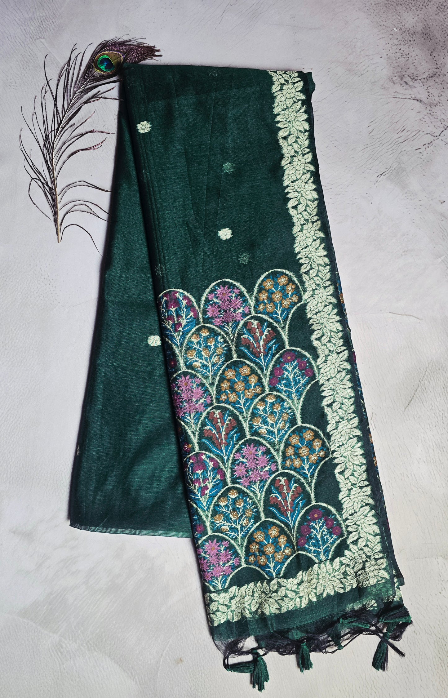 Deep Teal Green Tussar Silk Saree with Multicolour Jamdani Floral Pallu