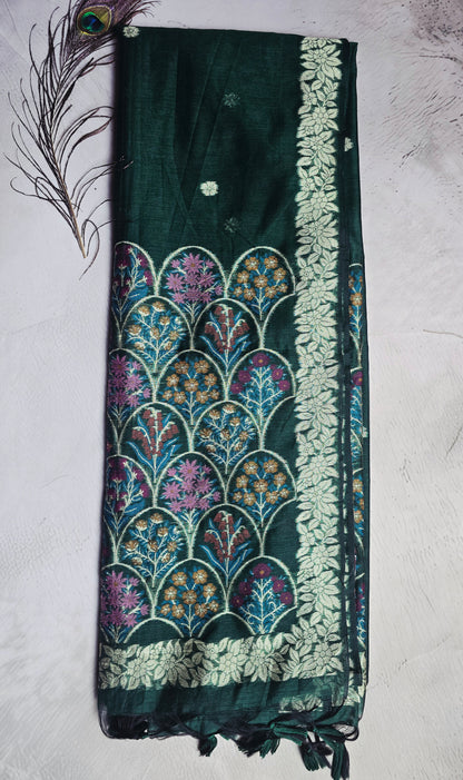 Deep Teal Green Tussar Silk Saree with Multicolour Jamdani Floral Pallu