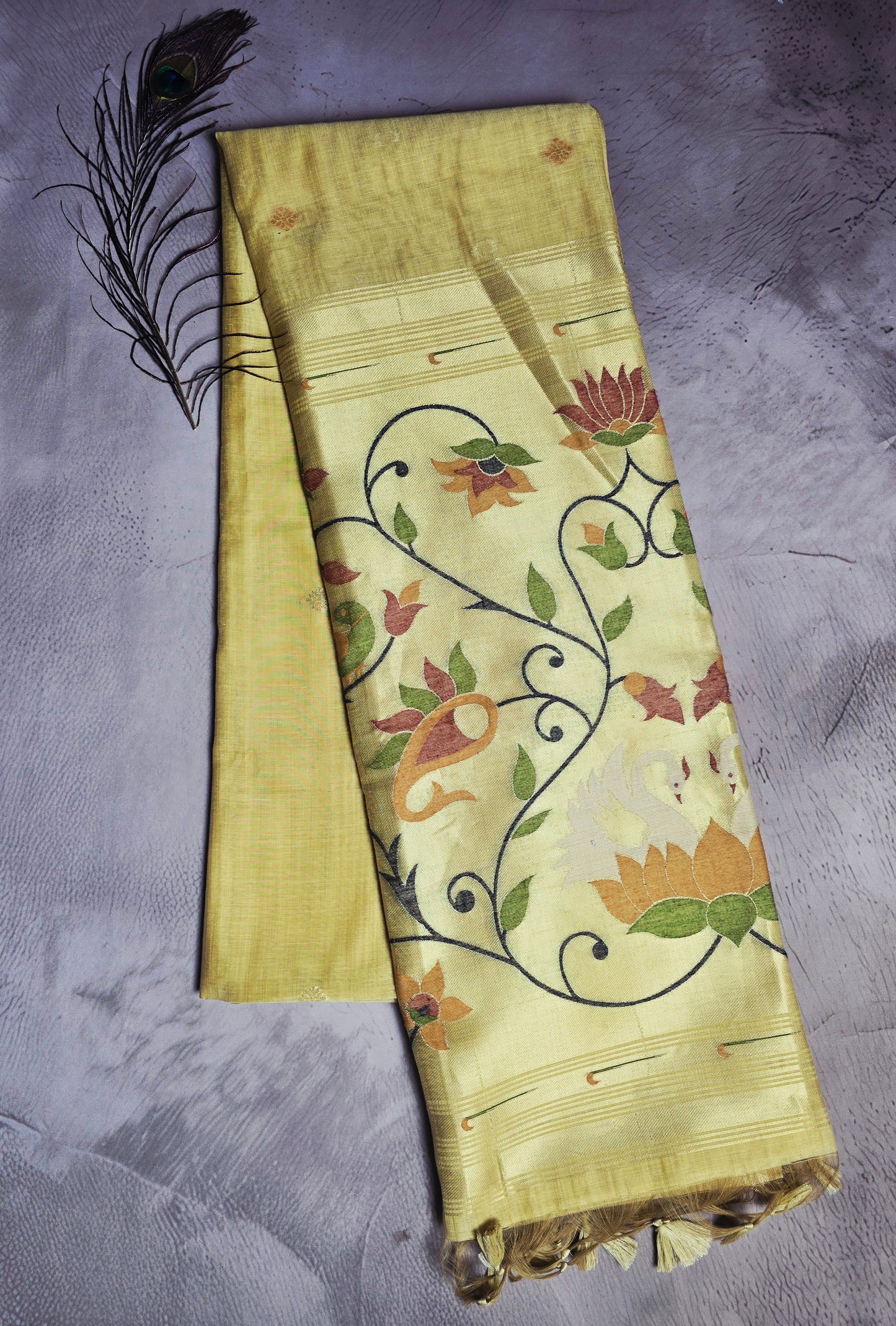 Golden Yellow Tussar Silk Saree with Floral Jamdani Pallu