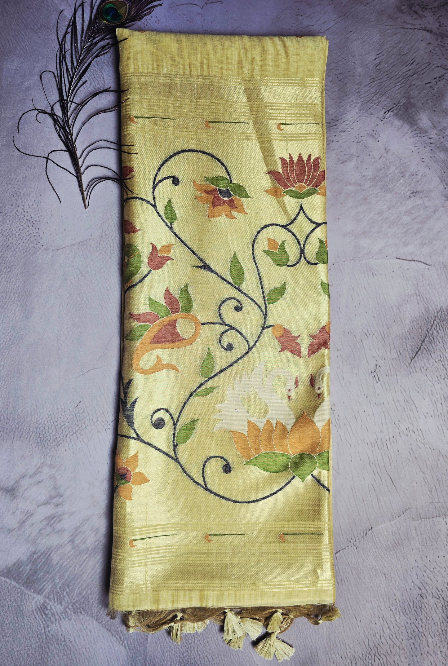 Golden Yellow Tussar Silk Saree with Floral Jamdani Pallu