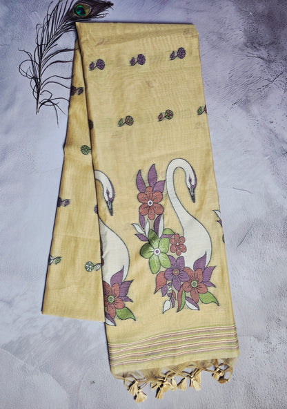 Golden Beige Tussar Silk Saree with Swan & Floral Jamdani Pallu