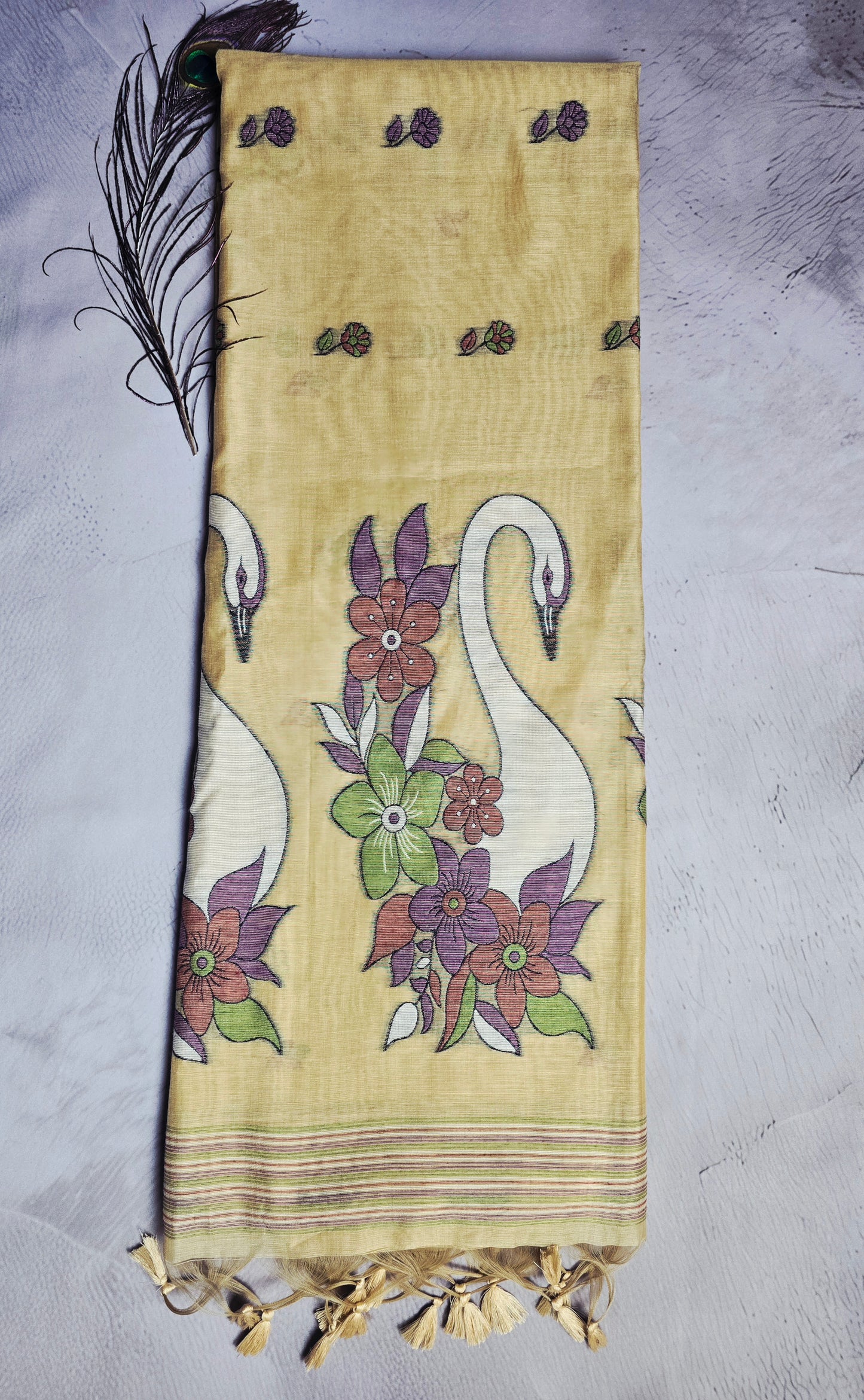 Golden Beige Tussar Silk Saree with Swan & Floral Jamdani Pallu