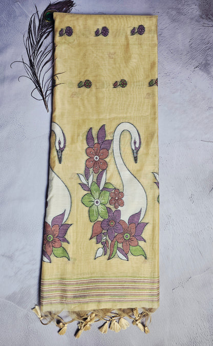 Golden Beige Tussar Silk Saree with Swan & Floral Jamdani Pallu
