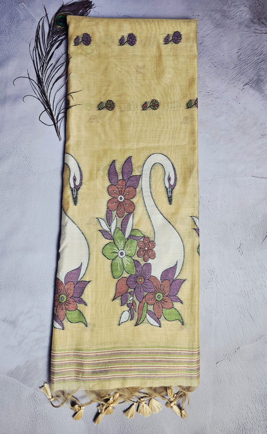 Golden Beige Tussar Silk Saree with Swan & Floral Jamdani Pallu