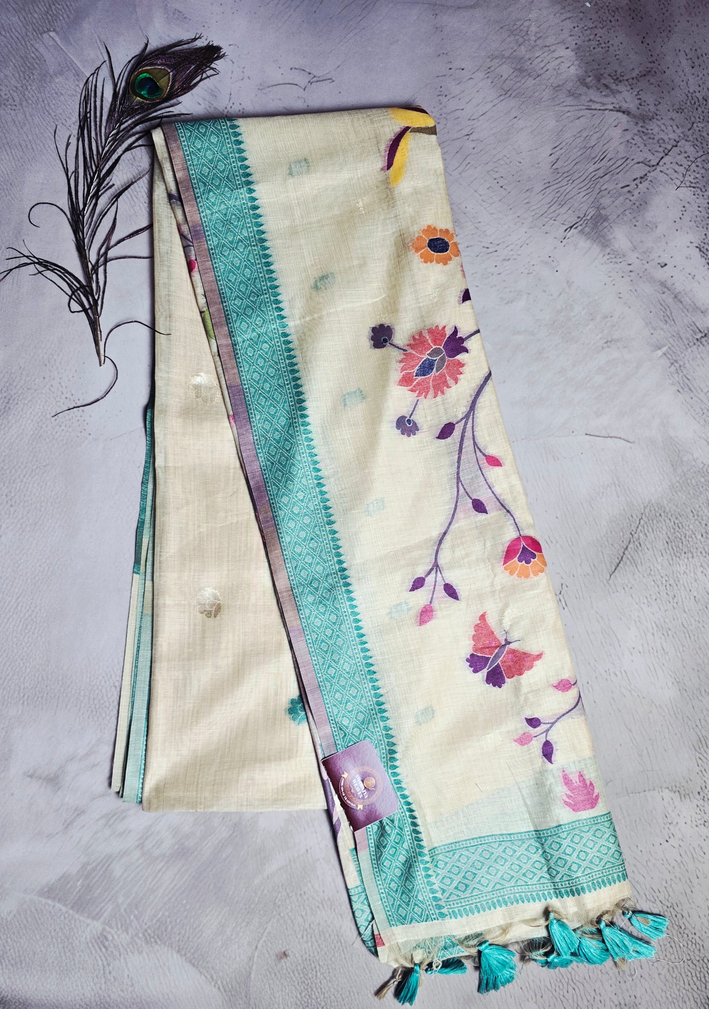 Ivory Cream Tussar Silk Saree with Teal Border & Floral Jamdani Pallu