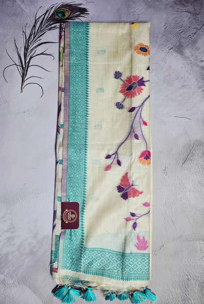 Ivory Cream Tussar Silk Saree with Teal Border & Floral Jamdani Pallu
