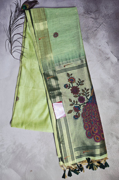 Pistachio Green Tussar Silk Saree with Peacock Jamdani Pallu