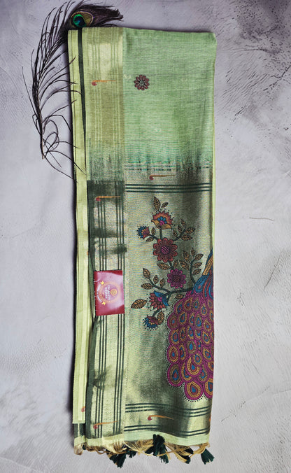 Pistachio Green Tussar Silk Saree with Peacock Jamdani Pallu