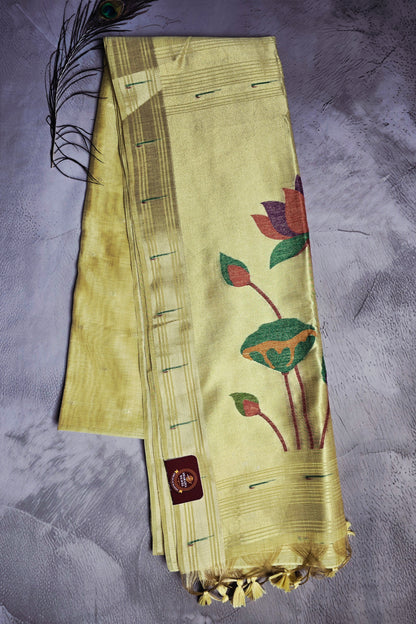 Mustard Gold Tussar Silk Saree with Lotus Jamdani Pallu