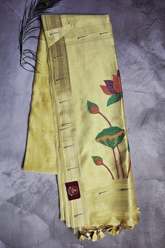 Mustard Gold Tussar Silk Saree with Lotus Jamdani Pallu