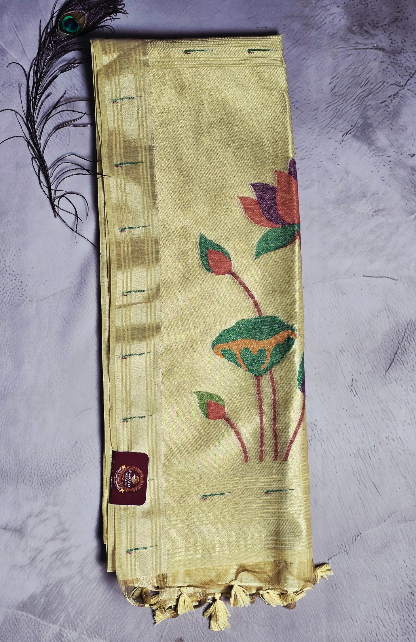 Mustard Gold Tussar Silk Saree with Lotus Jamdani Pallu