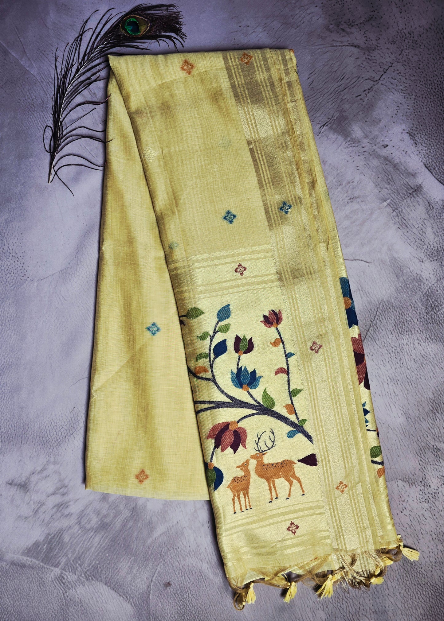 Champagne Gold Tussar Silk Saree with Deer & Floral Jamdani Pallu