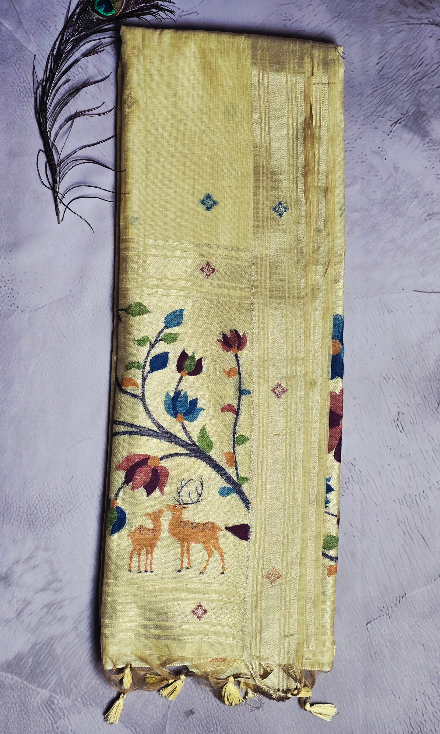 Champagne Gold Tussar Silk Saree with Deer & Floral Jamdani Pallu