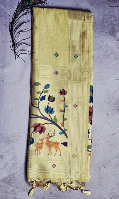 Champagne Gold Tussar Silk Saree with Deer & Floral Jamdani Pallu