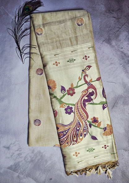 Champagne Beige Tussar Silk Saree with Peacock Jamdani Pallu