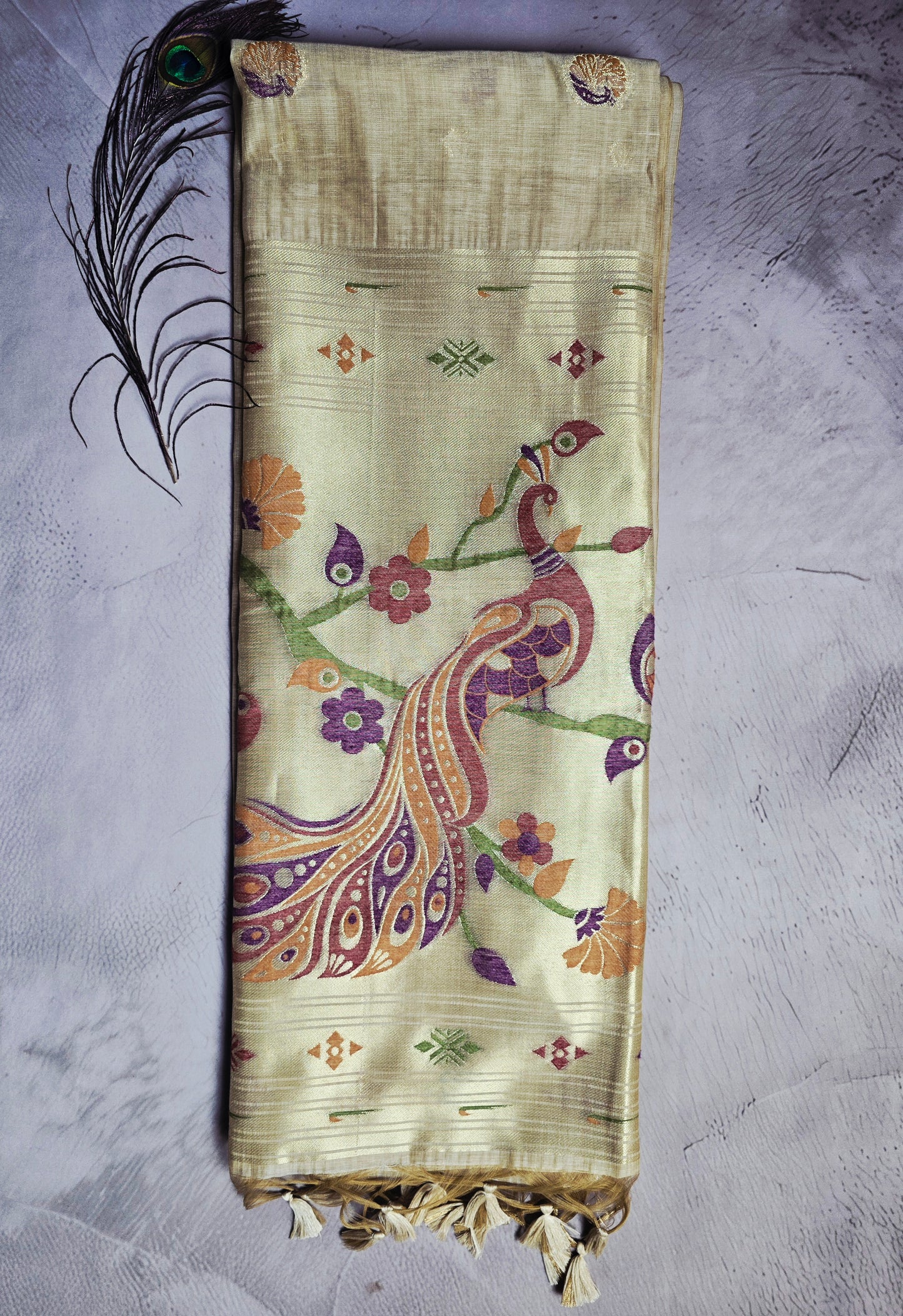 Champagne Beige Tussar Silk Saree with Peacock Jamdani Pallu