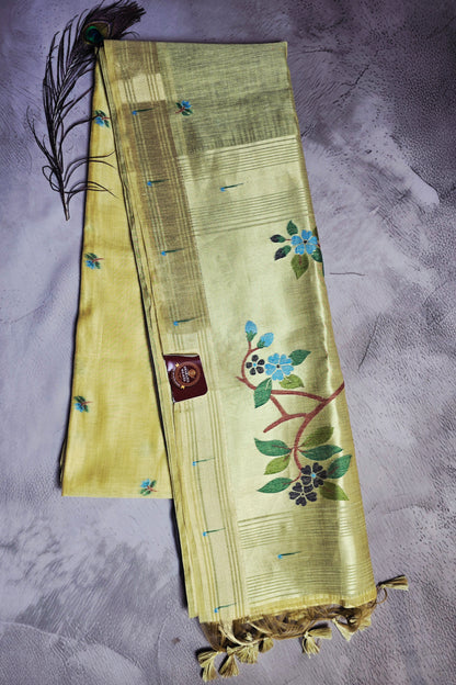 Olive Gold Tussar Silk Saree with Blue Floral Jamdani Pallu