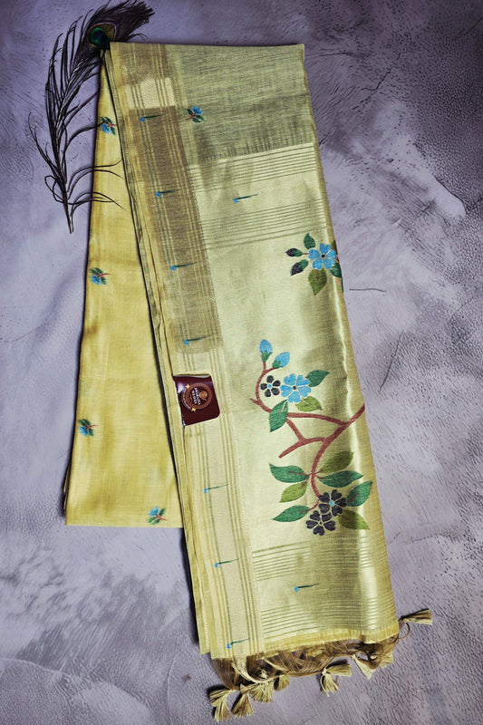 Olive Gold Tussar Silk Saree with Blue Floral Jamdani Pallu