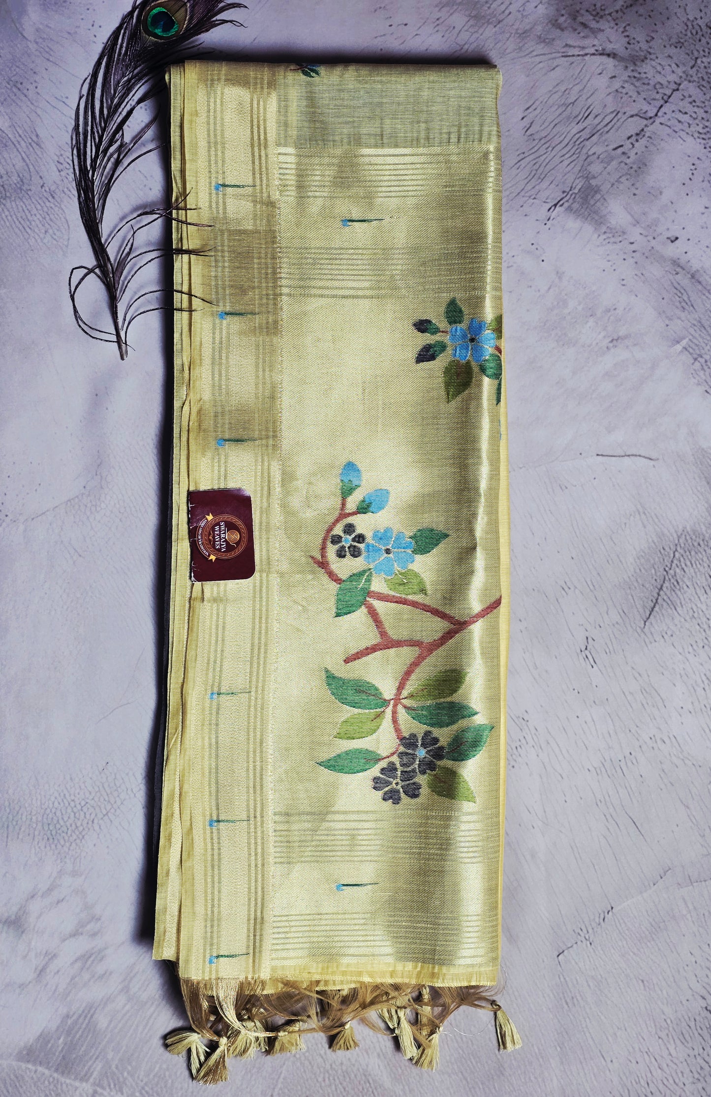 Olive Gold Tussar Silk Saree with Blue Floral Jamdani Pallu