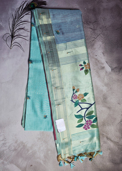 Sea Green & Antique Gold Tussar Silk Saree with Floral Jamdani Pallu