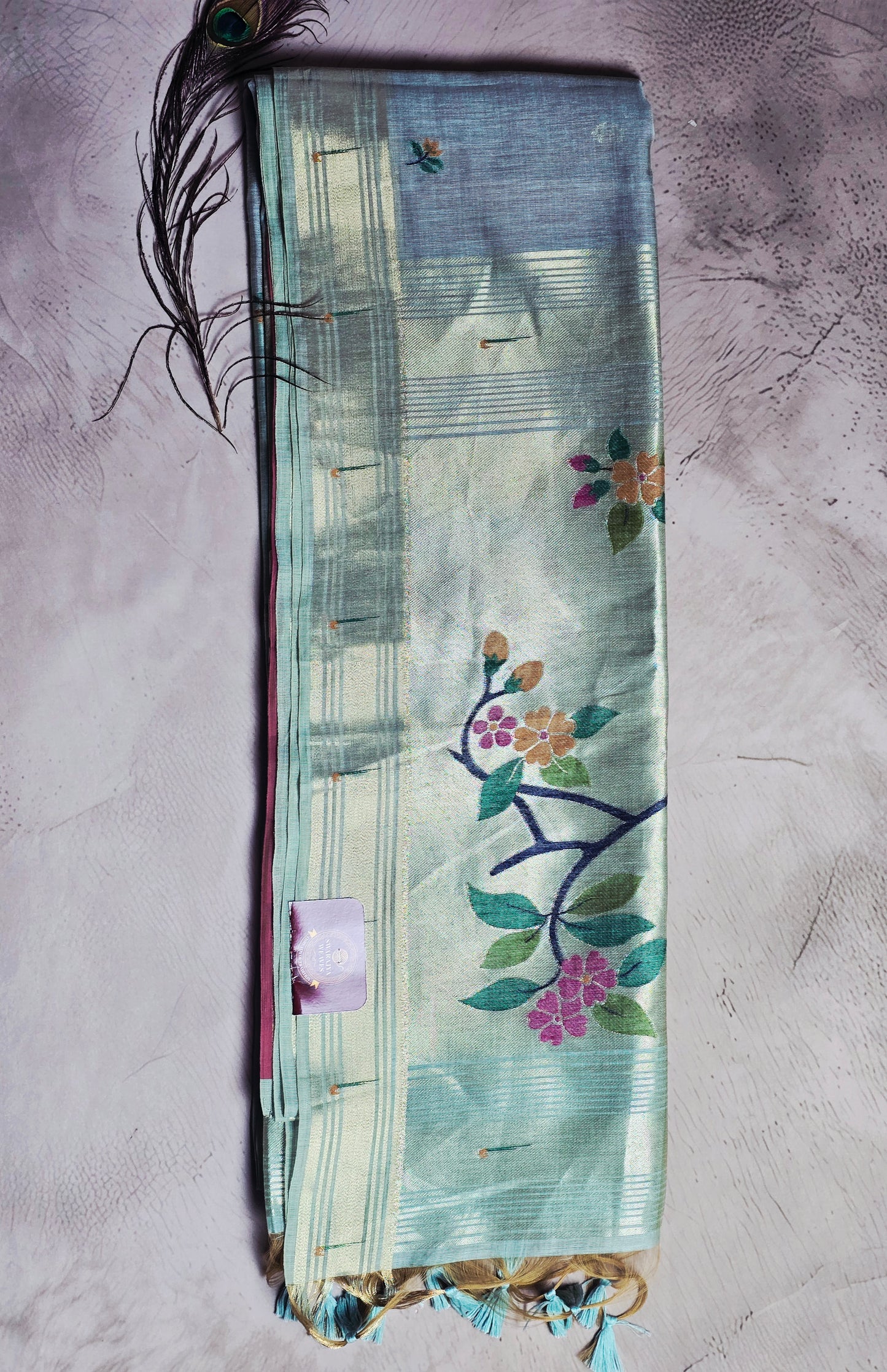 Sea Green & Antique Gold Tussar Silk Saree with Floral Jamdani Pallu