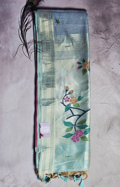 Sea Green & Antique Gold Tussar Silk Saree with Floral Jamdani Pallu