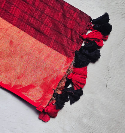 Black and Maroon Mul Cotton Saree with Copper Zari Pallu & Red-Black Tassels