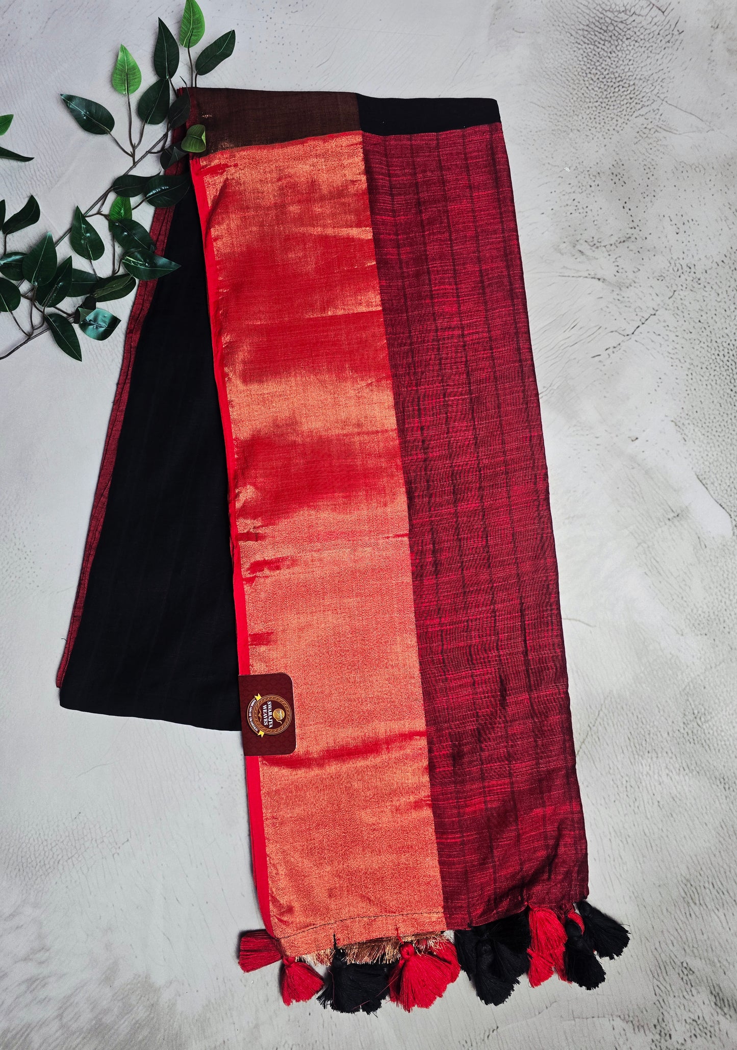 Black and Maroon Mul Cotton Saree with Copper Zari Pallu & Red-Black Tassels