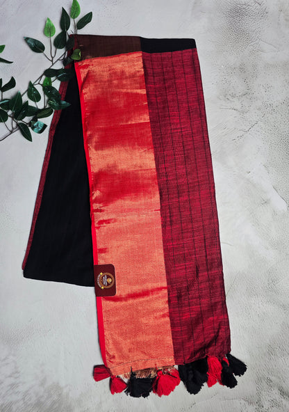 Black and Maroon Mul Cotton Saree with Copper Zari Pallu & Red-Black Tassels